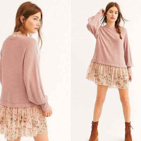 Free People Dresses & Skirts - Free People Sweet Escape Thermal‎ Waffle Knit Layered Tunic Pink Floral Dress M